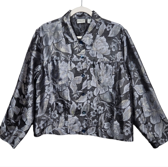 Chico's Metallic Floral Silk Blend Blazer Jacket Black Silver Women's Size Large - Picture 1 of 10